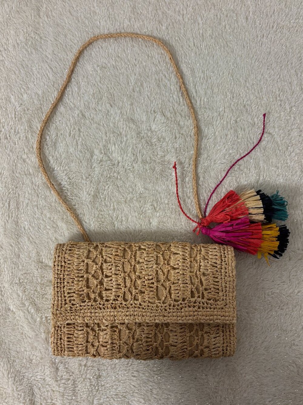 Mar Y Sol Natural Tan Woven Straw Tassel Crossbody Clutch Bag